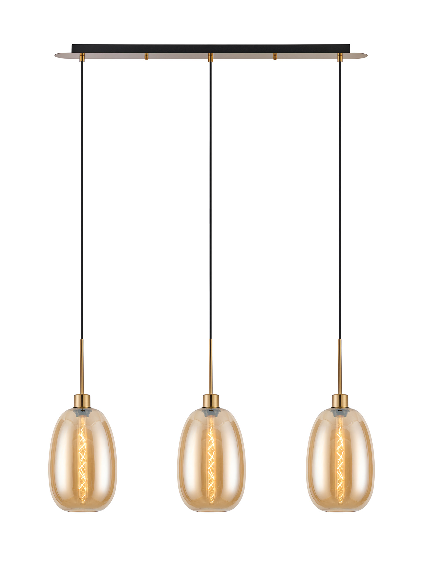 DK1204  Lori Linear Pendant, 3 Light Adjustable E27, Antique Gold/Amber Slim Curved Trapezium Shades